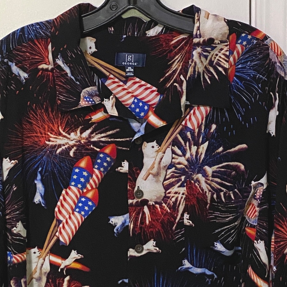 Patriotic Mens Button Front Shirt‎ 2XL Cats Rockets Fireworks Kitschy Americana